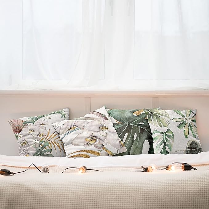 Ambesonne Vintage Tropical Throw Pillow Cushion Case Pack of 4, Retro Botanical Summer Vibes Monstera Leaf Orchid Flowers, Modern Accent Double-Sided Digital Printing, 18", Laurel Green Ginger Blush