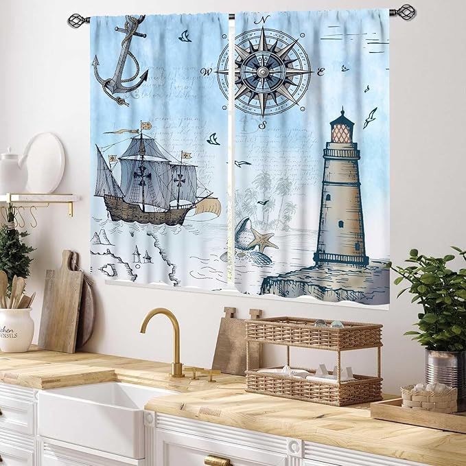 Nautical Curtains, Vintage Marine Coastal Sailboat Compass Anchor Ocean Beach Lighthouse Watercolor Blue Decorative Drapes for Bedroom Living Room Kitchen Bathroom Window 2 Panels Set, 55x39 Inch