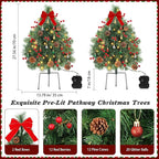 Lewondr Set of 2 Prelit Pathway Christmas Trees, 27.56" Outdoor Christmas Tree with 50 LED Lights, Pine Cones Red Berries, Battery Operated Outdoor Xmas Decor for Yard Home Porch, Green