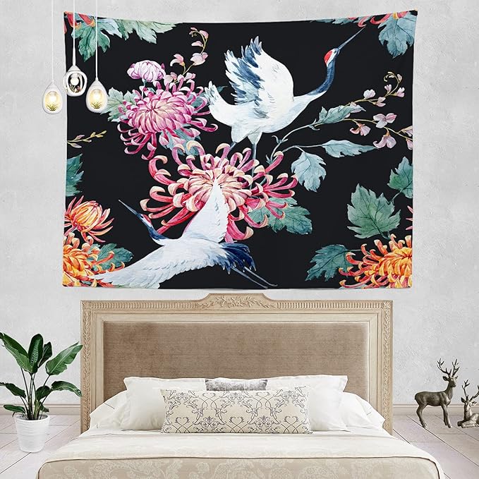 Batmerry Red Green Cranes Floral Leaves Tapestry, Traditional Japanese Watercolor Sytle Design Tapestry for Living Room Bedroom Wall Hanging Decorative 59.1x82.7 Inch