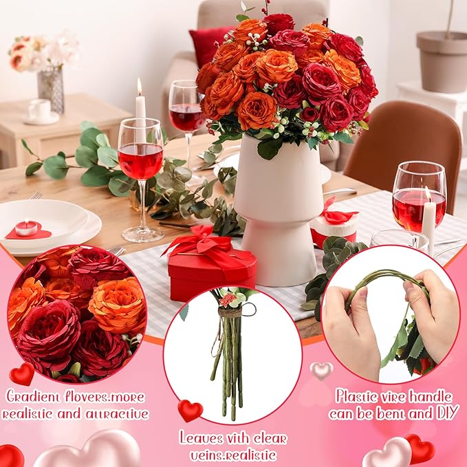 Geosar 16 Bundles Artificial Peonies Flowers Fake Silk Peony Bouquet Faux Peonies Flowers Bulk for Decoration Vase Floral Arrangements Wedding Party Table (Orange,Dark Red)