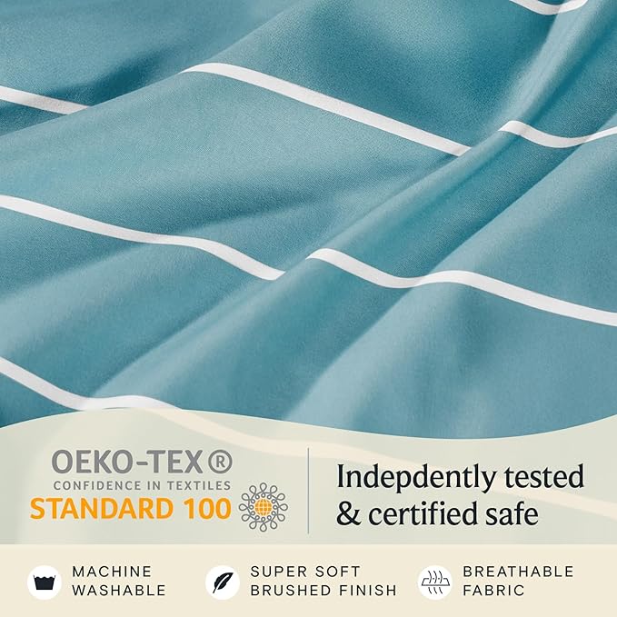 LuxClub 4 PC King Size Sheet Set Bed Sheets, Breathable Luxury Deep Pockets Wrinkle Free Cooling Sheets Machine Washable Hotel Bedding (King, Striped Light Blue)