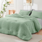 HYMOKEGE Sage Green/Light Grey Twin Comforter Set Seersucker 5 Pieces, All Season Luxury Bed in a Bag for Bedroom, Bedding Set with Comforter, Sheets, Pillowcase & Sham