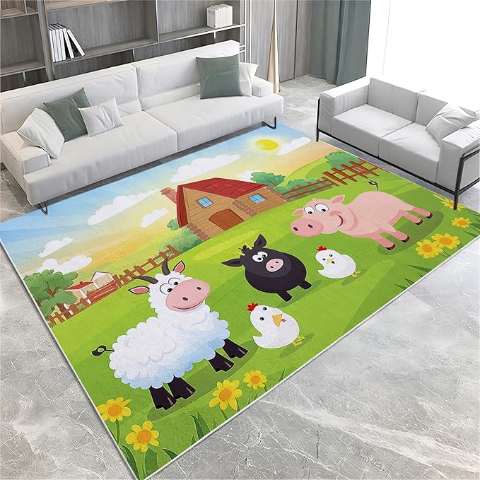 Area Rugs for Living Room 8x10 ft Cartoon Farm Sheep Pig Non Slip Area Rug, Ultra Soft Low-Pile Floor Carpet, Durable Washable Rug for Bedroom, Dining Room, Home Office