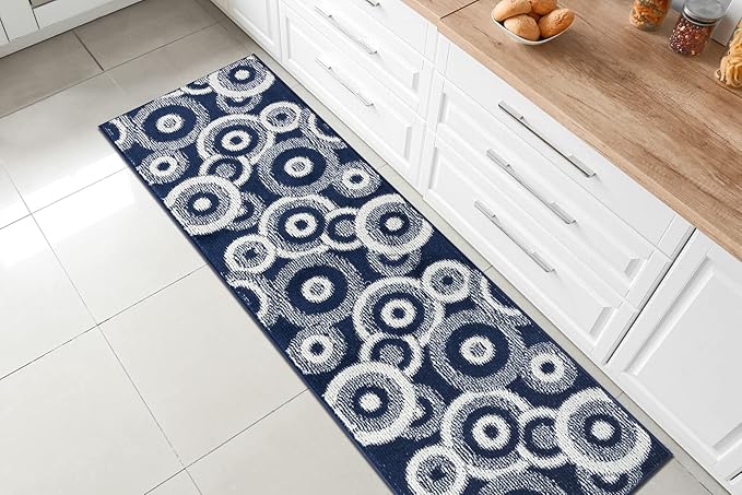 Custom Length Cut to Size Retro Modern Coastal Carpet Runner Rug for Hallways, Non Slip Rubber Backed, 31 inch Wide X Customized Length, Geo Blue, 31 inch X 3 feet, Doormat Size