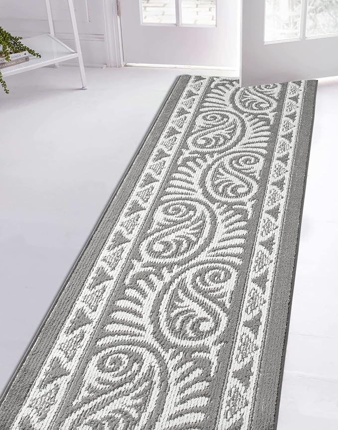 Custom Length Cut to Size Tribal Ethnic Southwestern Inspired Hallway Runner Rug, Non Slip Rubber Backed, 31 inch Wide X Customized Length, Mayan Grey, 31 inch X 12 feet