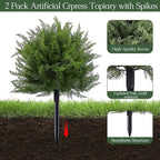 23.6" Artificial Cypress Topiary Christmas Tree with Spike, 2 Pack Faux Cedar Bushes UV Resistant Fake Shrubs for Front Porch Winter Decor (Cedar Topiary Ball Trees)