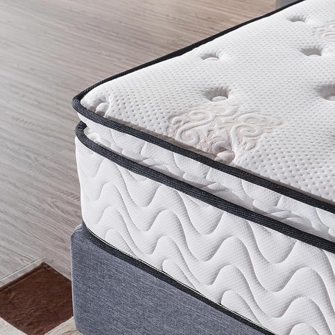 King Mattress - 11.4 Inch Pillow Top Pocket Spring Hybrid Mattress with Memory Foam Innerspring