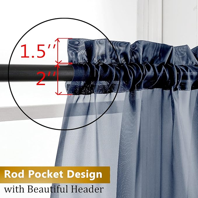 Aiyufneg Small Sheer Tier Curtains Half Kitchen Curtain Sheers, Light Filtering Farmhouse 24 Inch Window Panels Rod Pocket Navy Blue Voile Short Curtain for Bathroom, 40W x 24L, Set of 2 Panels