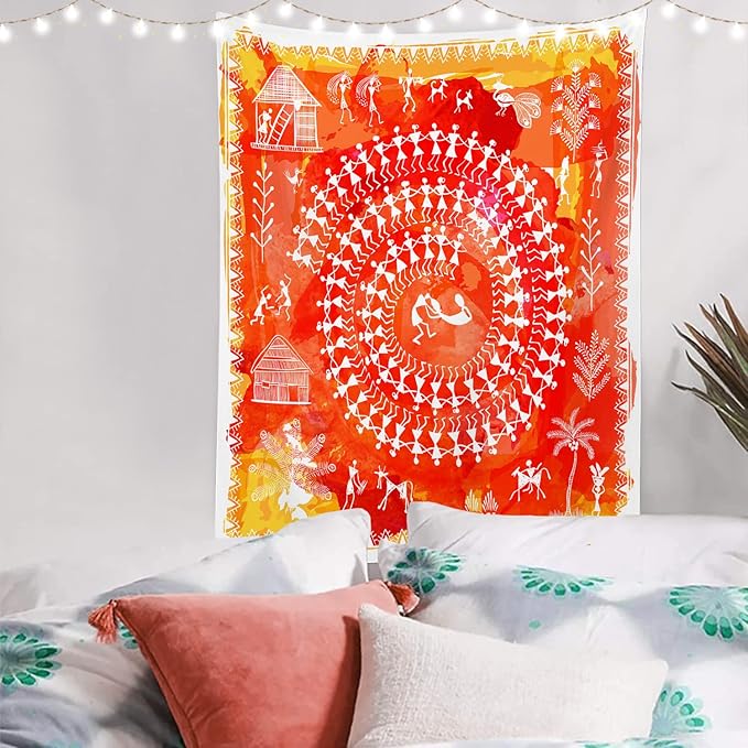 Batmerry Tribal Art Abstract Tapestry, Traditional Ancient Tribal Indian Rural Wall Art Hanging Decoration Polyester Fiber White Ruffled Around for Dorm Room Bedroom Living Room, 59.1x51.2 inches