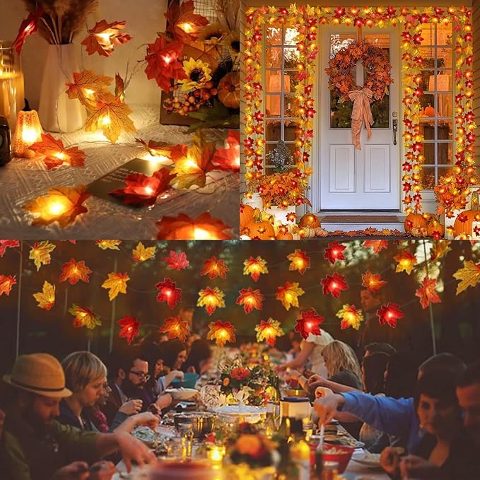 Fall Decor Multicolored Maple Leaf Lights, 10Ft 20LED Lights Battery Operated Fall Leaves Garland with Light Door Light String Home Decor Indoor Outdoor Halloween Thanksgiving Decorations
