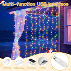 Ollny Curtain Lights 200LED 6.6x6.6ft, USB Multicolor Christmas Curtain Lights with Remote 8 Modes Timer, Waterproof String Lights for Bedroom Backdrop Window Indoor Outdoor