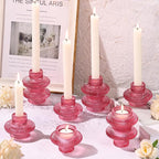 Pink Candlestick Holders Set of 10, Pink Glass Candle Holders for Pillar Candles, Taper Candle and Tealight Candles, Taper Candle Holders for Wedding, Table Centerpiece