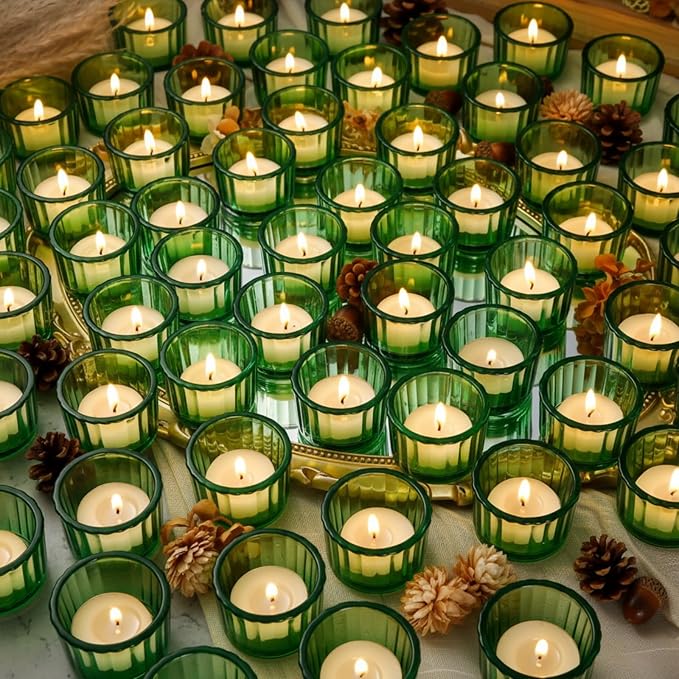 Mumufy 100 Pack Glass Tealight Candle Holder Ribbed Votive Candle Holder for Centerpiece Wedding Proposal Spa Aromatherapy Meditation Home Decor (Green)