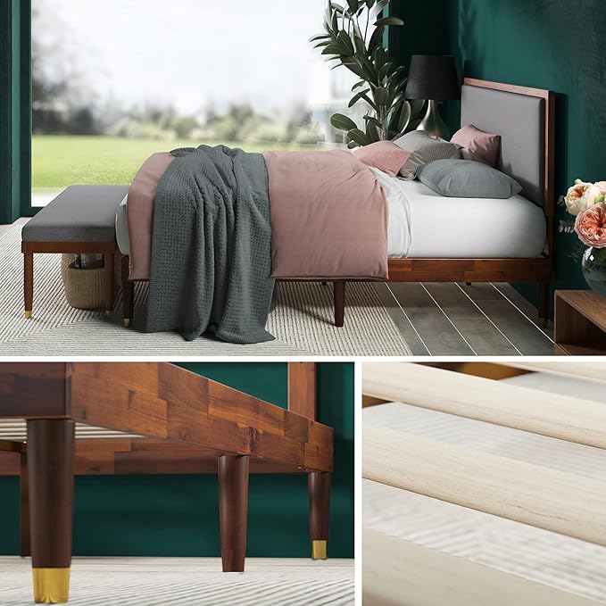 ZINUS Raymond Wood Platform Bed Frame with Adjustable Upholstered Headboard, Solid Wood Foundation, Wood Slat Support, No Box Spring Needed, Easy Assembly, King