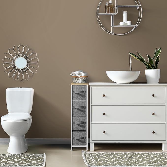 Sorbus Narrow Dresser with 4 Drawers - Vertical Slim Storage Chest of Drawers with Steel Frame, Wood Top & Easy Pull Fabric Bins for Small Spaces, Closets, Bedroom, Bathroom & Laundry (Beige)