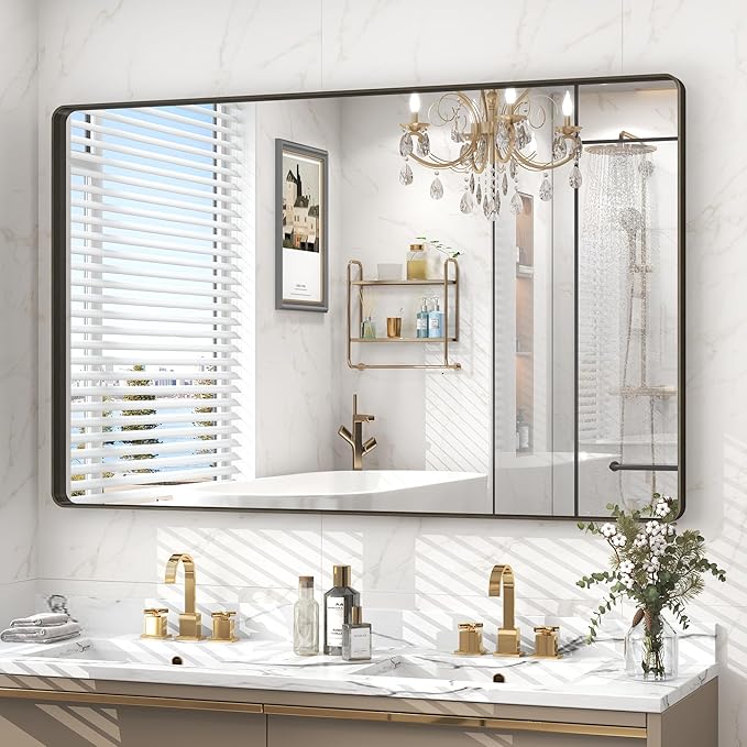 48x30 Bronze Framed Bathroom Mirror, Rectangle Brushed Bronze Metal Vanity Mirror, Bronze Modern Mirror for Wall, Tempered Glass, Anti-Rust, Shatterproof (Horizontal/Vertical)