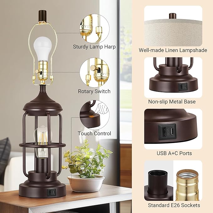 Qimh Table Lamp for Bedroom Set of 2 with USB A+C Ports, Farmhouse Bedside Lamp with Night Light, 3-Way Dimmable Touch Control, Rustic Industrial Nightstand Lamp for Living Room (2700K Bulbs Included)