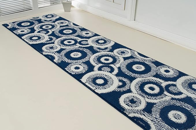 Custom Length Cut to Size Retro Modern Coastal Carpet Runner Rug for Hallways, Non Slip Rubber Backed, 31 inch Wide X Customized Length, Geo Blue, 31 inch X 3 feet, Doormat Size