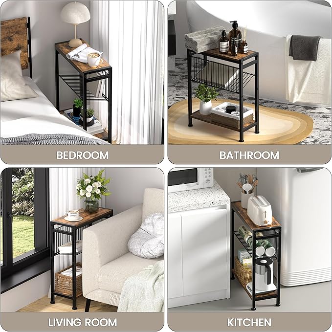 Small Side Table for Small Space, 3-Tier Narrow End Table with Magazine Holder,Slim Nightstand, Skinny Snack Couch Table in Living Room, Bedroom Study and Balcony (Rustic Brown &Black)