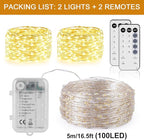 2 Pack 16.5FT 100 LED Fairy Lights Battery Operated with Timer & Remote, Dimmable Twinkle Lights, Waterproof Warm White Fairy String Lights for Outdoor Patio Wedding Mason Jar Party Bedroom Classroom