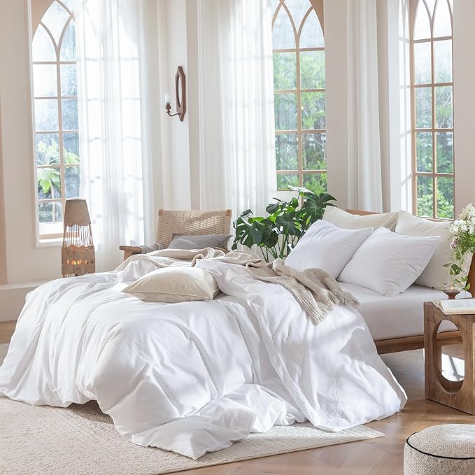MooMee Bedding Duvet Cover Set 100% Washed Cotton Linen Like Textured Breathable Durable Soft Comfy (Solid Bright White, Super King Plus 120"x120")
