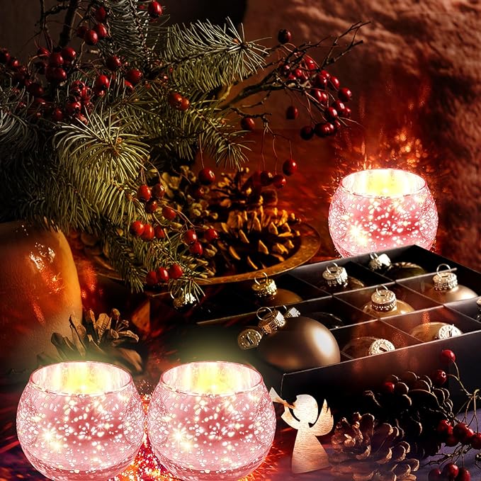 Rtteri 24 Set Votive Candle Holders Wedding Centerpiece Table Decorations Speckled Mercury Glass Votive Candle Holders with Tea Lights Birthday Party Decorations for Home (Pink)