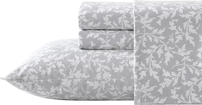 Laura Ashley - Flannel Sheets Full Size, Anti-Pilling & Wrinkle Resistant Cotton, Touchably Soft for All-Season Comfort - Bed Sheets with Matching Pillowcases & Fitted Sheet (Crestwood Pastel Grey)
