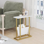 Yusong Small Narrow Side Table for Small Spaces, 17.7" W Slim End Table Magazine Table Nighstand with Storage Holder, Accent Skinny Snack Couch Bedside Table, Gold White, Complete Iron Pipes