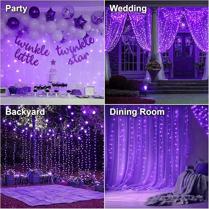HXWEIYE 300LED Fairy Curtain Lights, 9.8x9.8Ft USB Plug-in 8 Modes Christmas String Hanging Lights with Remote for Bedroom Backdrop Wedding Party Indoor Wall Decor, Purple, Standard