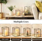 Glasseam Glass Hurricane Candle Holder: Square Black Candle Holders Set of 3 Metal Ribbed Pillar Candle Holder for Table Centerpiece Modern Small Lanterns Decorative Indoor Christmas Halloween Decor