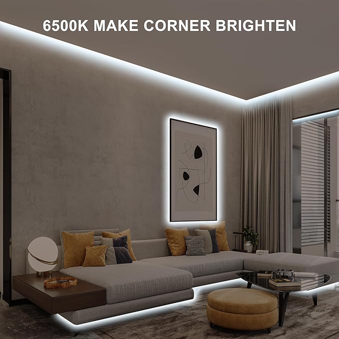 16.4ft COB Led Strip Light with Remote, 6500K Dimmable Bright Daylight White Led COB Strip Light, White Continuous Led Strip Light for Mirror, Stair, Cabinet, Room