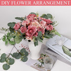 Peony Artificial Flowers, Faux Peonies Hydrangea Eucalyptus Bouquet 12 Packs Silk Vintage Realistic Peony Floral Arrangement for Wedding Centerpiece Table Vase Home Party Decor-Dusty Pink