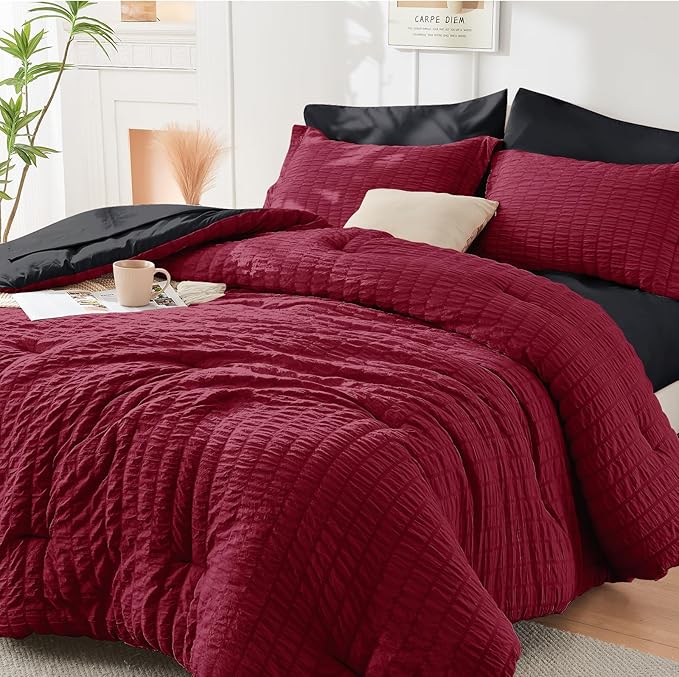 HYMOKEGE Red & Black Twin Comforter Set Seersucker 5 Pieces, All Season Luxury Bed in a Bag for Bedroom, Bedding Set with Comforters, Sheets, Pillowcase & Sham