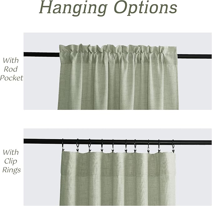 RYB HOME Linen Sheer Curtains and Drapes for Living Room 72 inches Length, Breathable Weave Textured/Rod Pocket Semi Sheer Curtains, Sage Green, W 52 x L 72 inches, 2 Panels Set