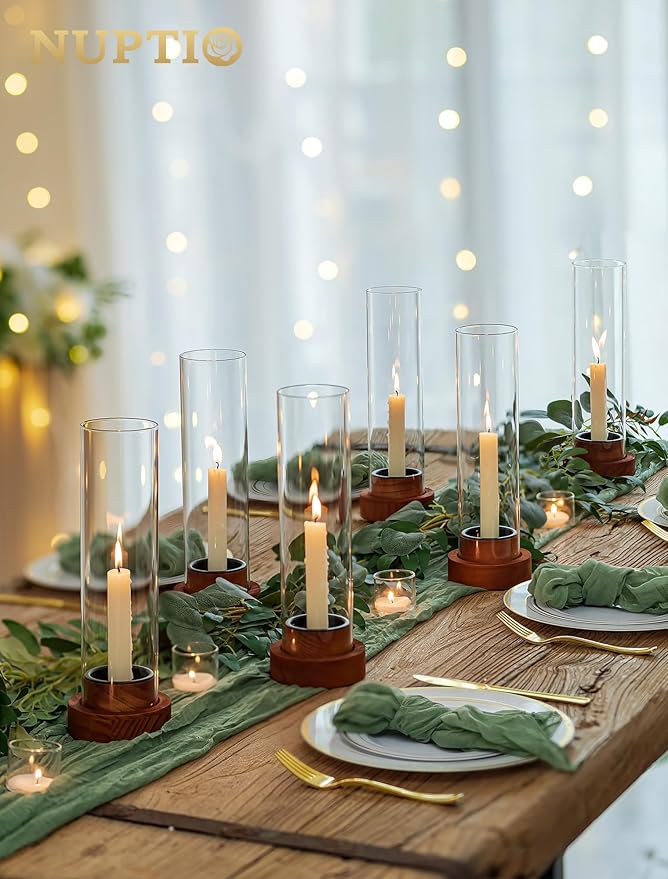 NUPTIO Dripless Taper Candle Holders with Wax Catchers: Set of 2 Hurricane Glass Candlestick Holders with Metal Bobeches for Easier Reuse - Brown Wood Modern Table Centerpiece for Outdoor Dinner