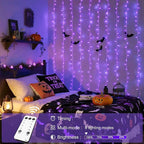 JMEXSUSS 300LED Purple Christmas Lights with Remote, Curtain Hanging Light Plug in, 8 Modes Purple String Lights for Bedroom Window Wall Party Backdrop Halloween Christmas Decorations