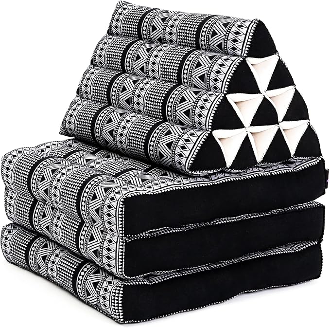 Leewadee Comfortable Japanese Floor Mattress - Thai Floor Bed with Triangle Cushion - Futon Mattress - XL Extra Long Thai Massage Mat, 89 x 20 inches, Black White, Kapok Filling