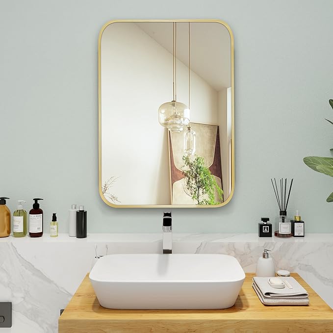 18"x24" Matte Gold Mirror for Wall, Brushed Metal Framed Rounded Corner Rectangular Mirror for Bathroom Vanity,Entryway,Living Room,Bedroom,Vertical or Horizontal
