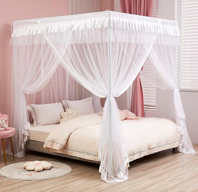 Mengersi 4 Corners Post Canopy Bed Curtains for Girls Kids Adults Queen Size- Cute Cozy Drape Square Netting - 4 Opening Mosquito Net - Princess Bedroom Decoration Gift