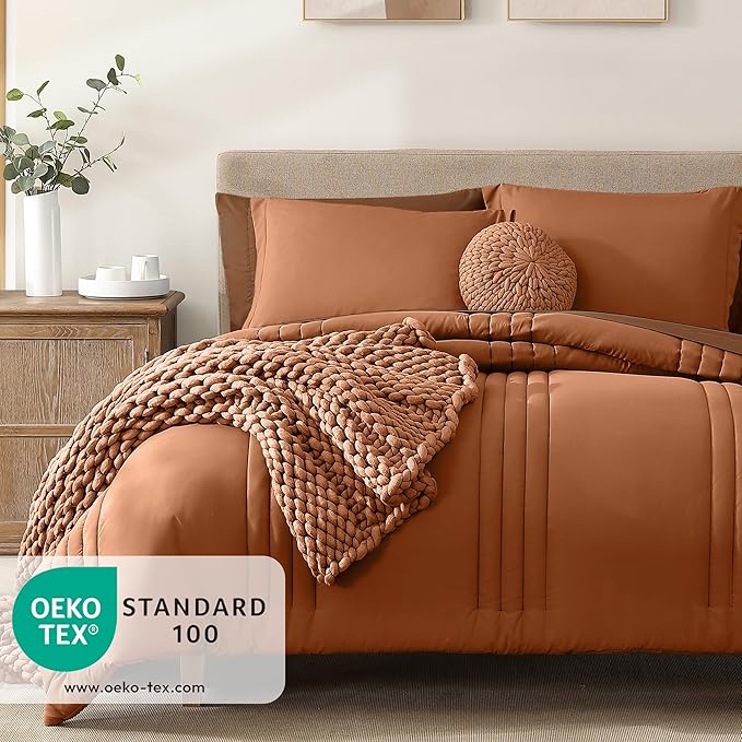 Monbix Queen Comforter Set - 7 Pieces Burnt Orange Bed in a Bag Queen Bedding Sets with Comforters, All Seasons Fall Comforter Bed Set with Sheets,Pillowcases & Shams