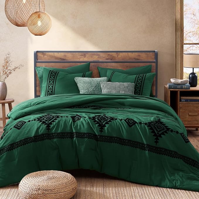 MaiRêve Embroidery King Size Comforter Set Emerald Green, Boho Farmhouse Western Bedding Set 7 Pieces, All Season Bed in A Bag Comforter Set with Sheets, Pillowcases & Shams