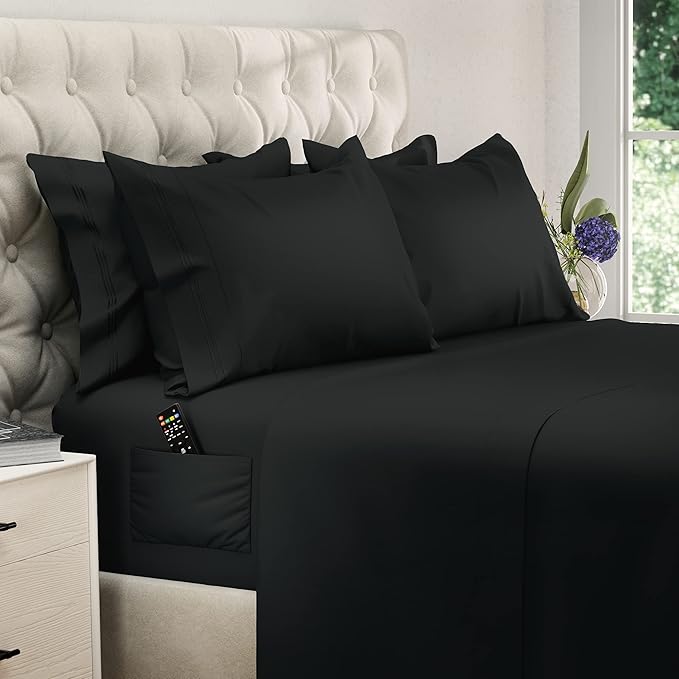 DREAMCARE California King Sheet Sets – 6 pcs Cooling Bed Sheets – up to 21” Deep Cal King Sheets – 2500 Supreme Collection – Extra Soft 100% Brushed Microfiber Hotel Luxury with Side Pocket – Black