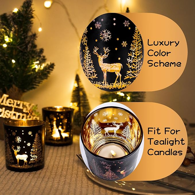 Votive Candle Holders, Black and Gold Glass Tealight Candle Holder Set of 3, Christmas Candle Holder with Elk, Xmax Tree, Snowflake Pattern, Table Canterpieces for New Year Party Decor