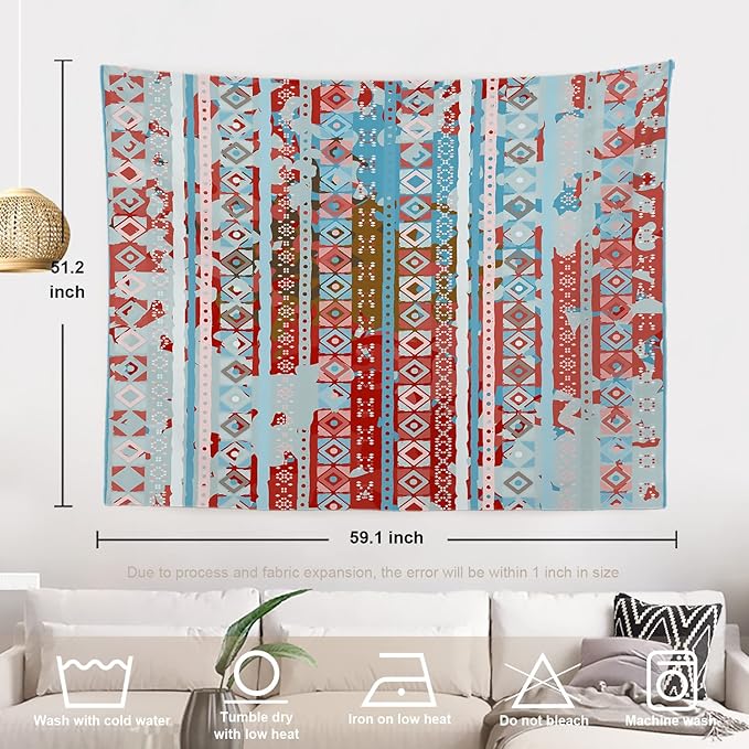 Batmerry Blue Grey Boho Garbage Tapestry, Red Wall Art Hanging Decoration Polyester Fiber White Ruffled Around for Dorm Room Bedroom Living Room, 51.2x59.1 inches
