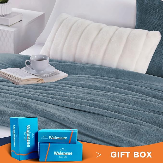 Walensee Fleece Blanket Plush Throw Fuzzy Lightweight (XL-Twin Size 66x90 Washed Blue/Slate Blue/Grey Blue) Super Soft Microfiber Flannel Blankets for Couch, Bed, Sofa Warm and Cozy for All Seasons
