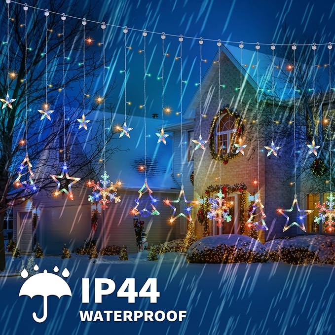 Christmas Window Lights Decorations, 138 LED Curtain Lights with 8 Lighting Modes, Xmas Tree Snowflake Star String Lights for Weddings, Parties, Room Decor(Multi-Colored)