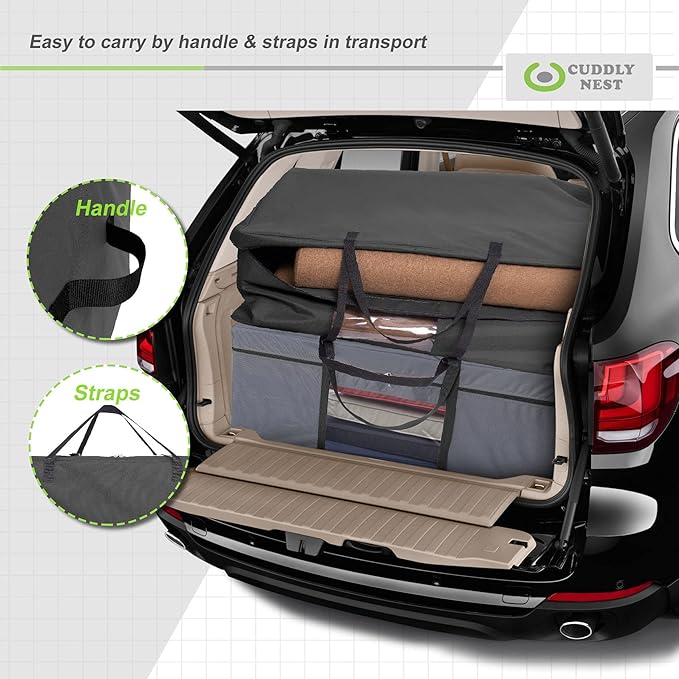 Cuddly Nest Folding Mattress Storage Bag - Heavy Duty Carry Case for Tri-Fold Guest Bed (Fits 6" Queen Mattress,Black)