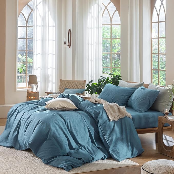 MooMee Bedding Duvet Cover Set 100% Washed Cotton Linen Like Textured Breathable Durable Soft Comfy (Heathered Peacock Blue, King 104"x90")
