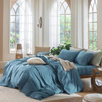 MooMee Bedding Duvet Cover Set 100% Washed Cotton Linen Like Textured Breathable Durable Soft Comfy (Heathered Peacock Blue, Cal King 104"x98")